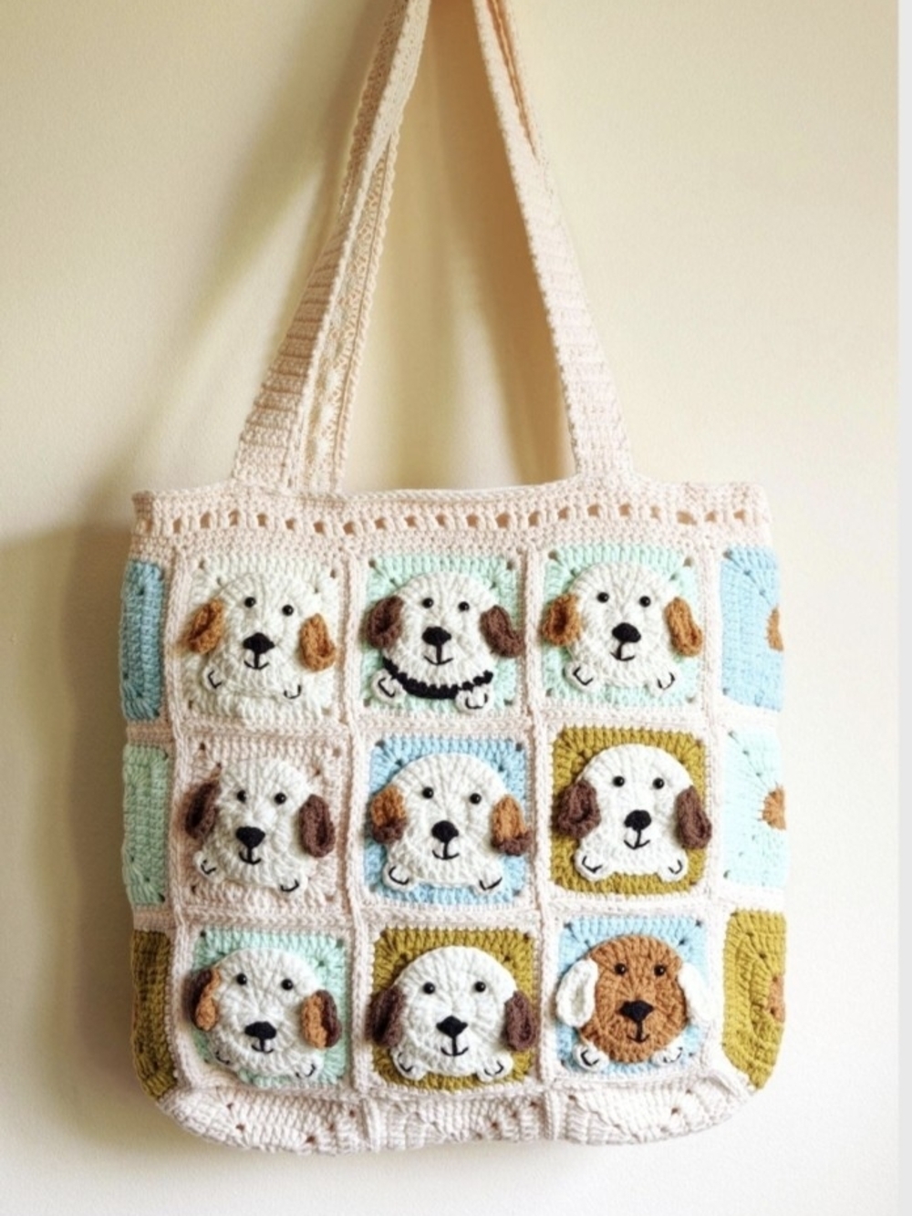 Handmade Cream and Pastel Dog Crochet Tote Bag, cottagecore Shoulder bag